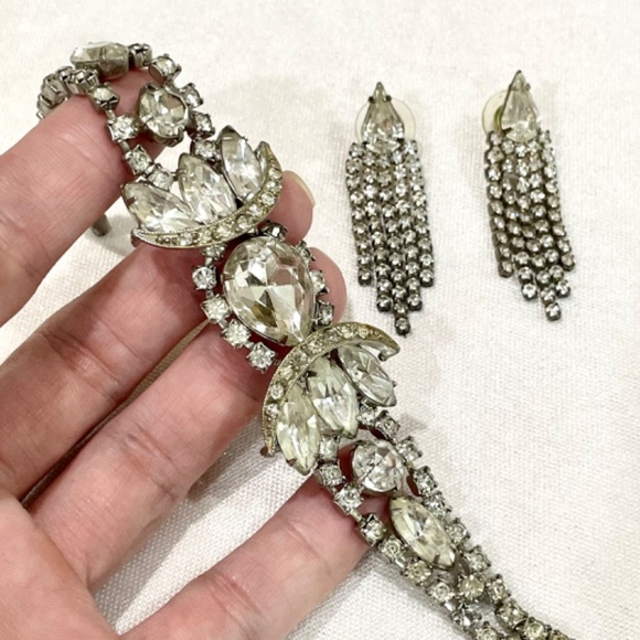 Vintage Art Deco Rhinestone Crystal Bracelet Earrings Bridal Jewelry Estate - Picture 5 of 11